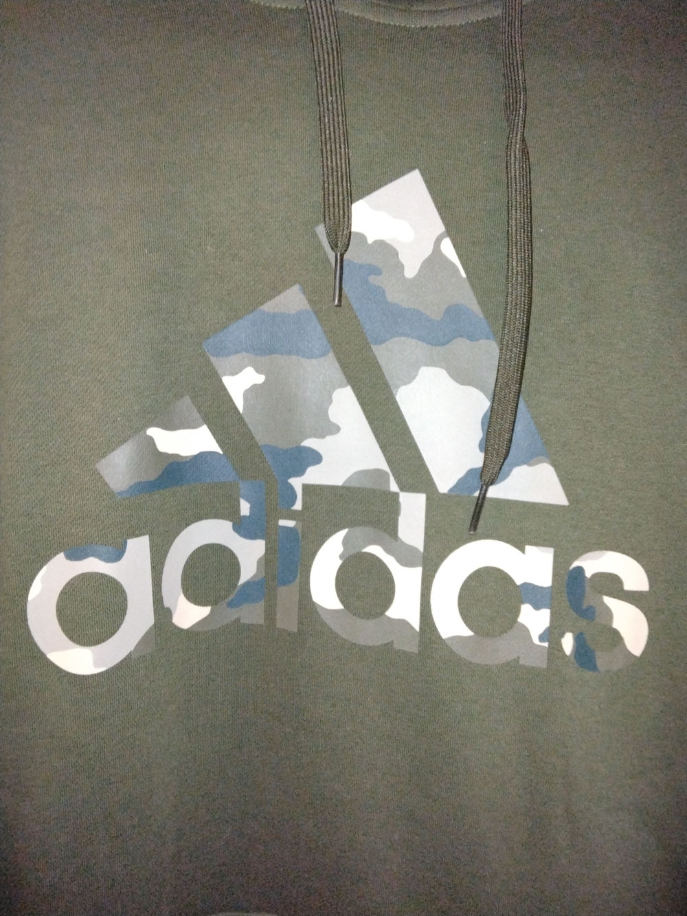 Adidas Olive Green Hoodie with Blue, Gray, and White Camo Logo - XXL